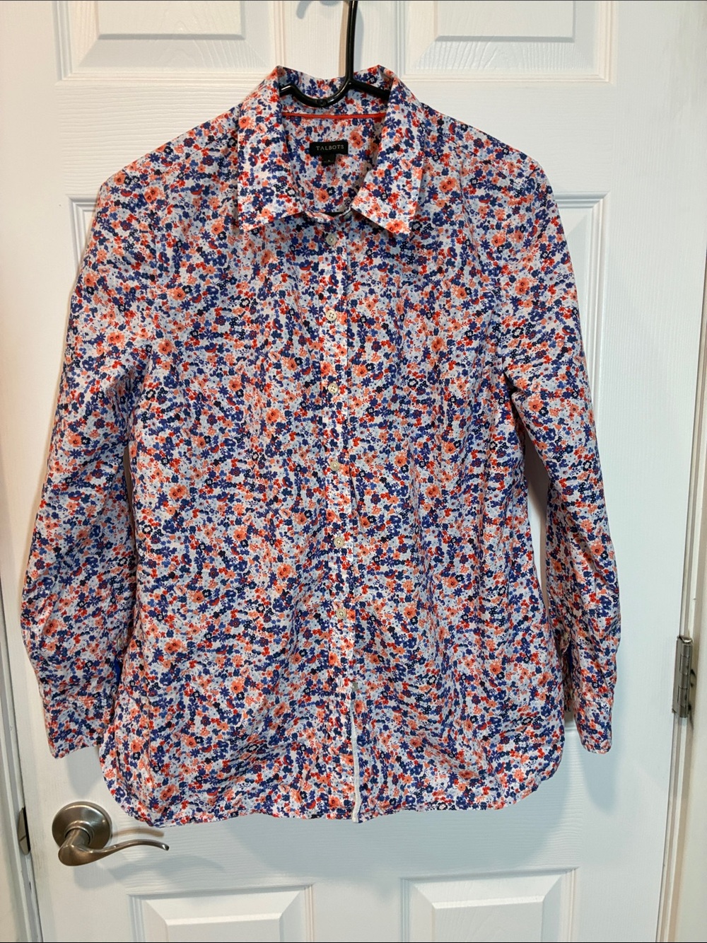 Talbots White Button-Down Shirt with Blue & Orange Floral Dots